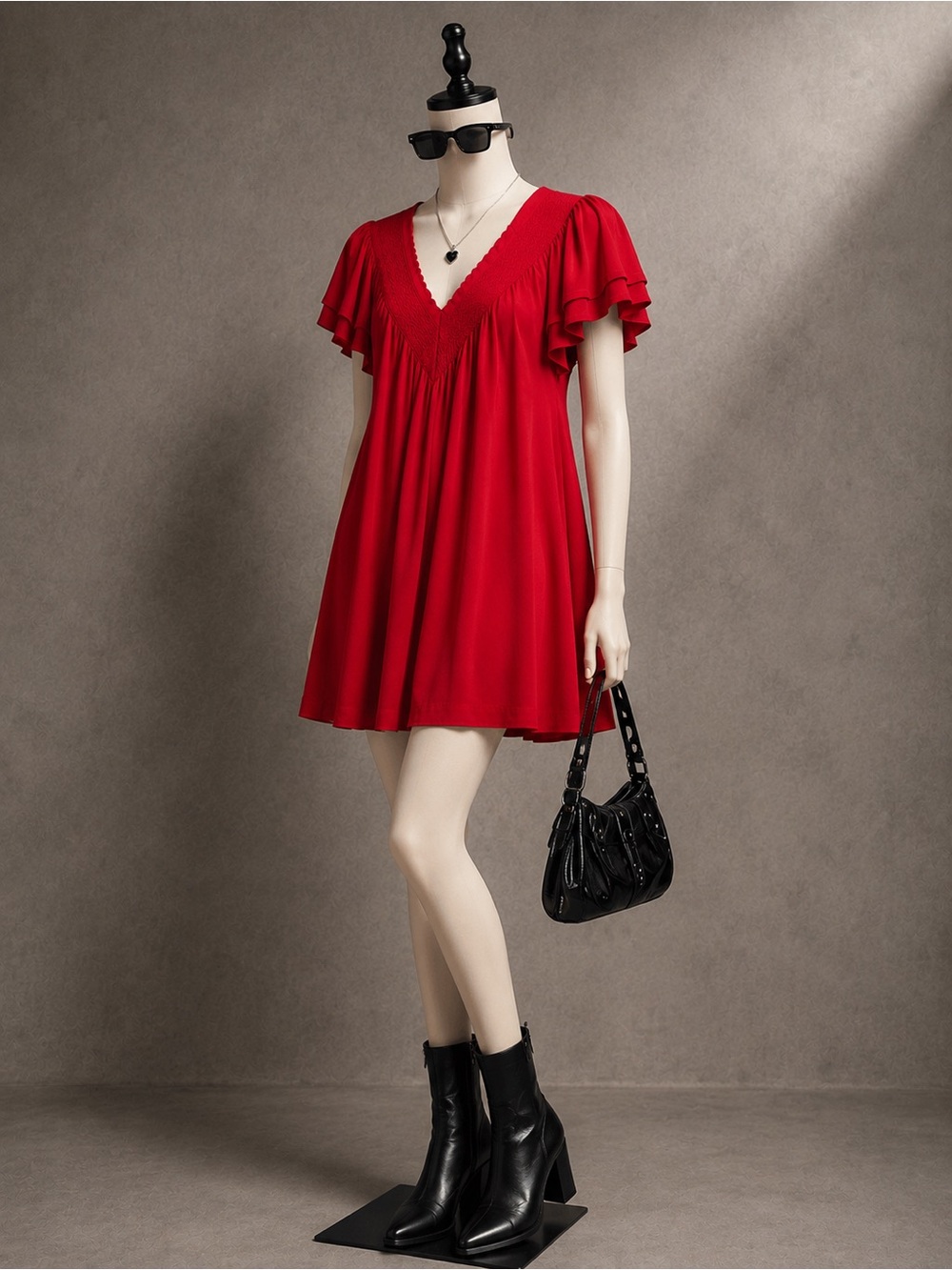 Allen B Red Flutter Sleeve Babydoll Dress Small Romantic Boho